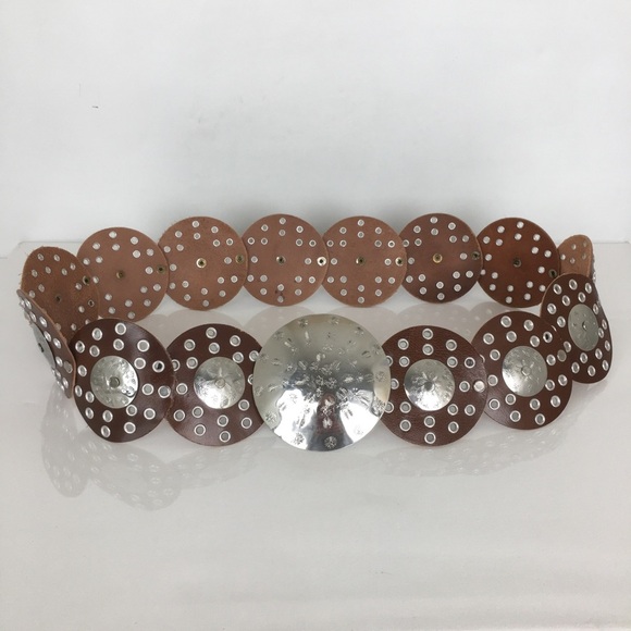 Women’s Bohemian Wide Leather Round Concho Western Belt Brown Silver Grommets main image 4